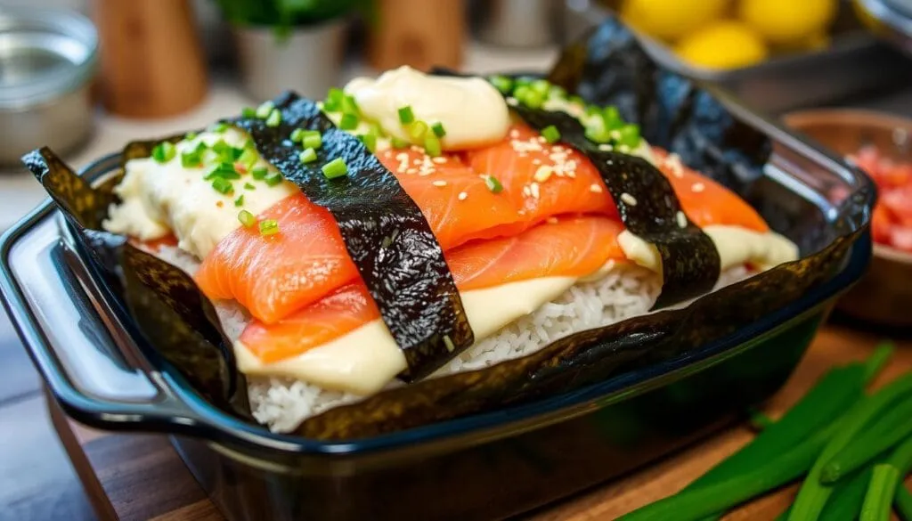 Salmon Sushi Bake Layering Process Salmon Sushi Bake Layering Process